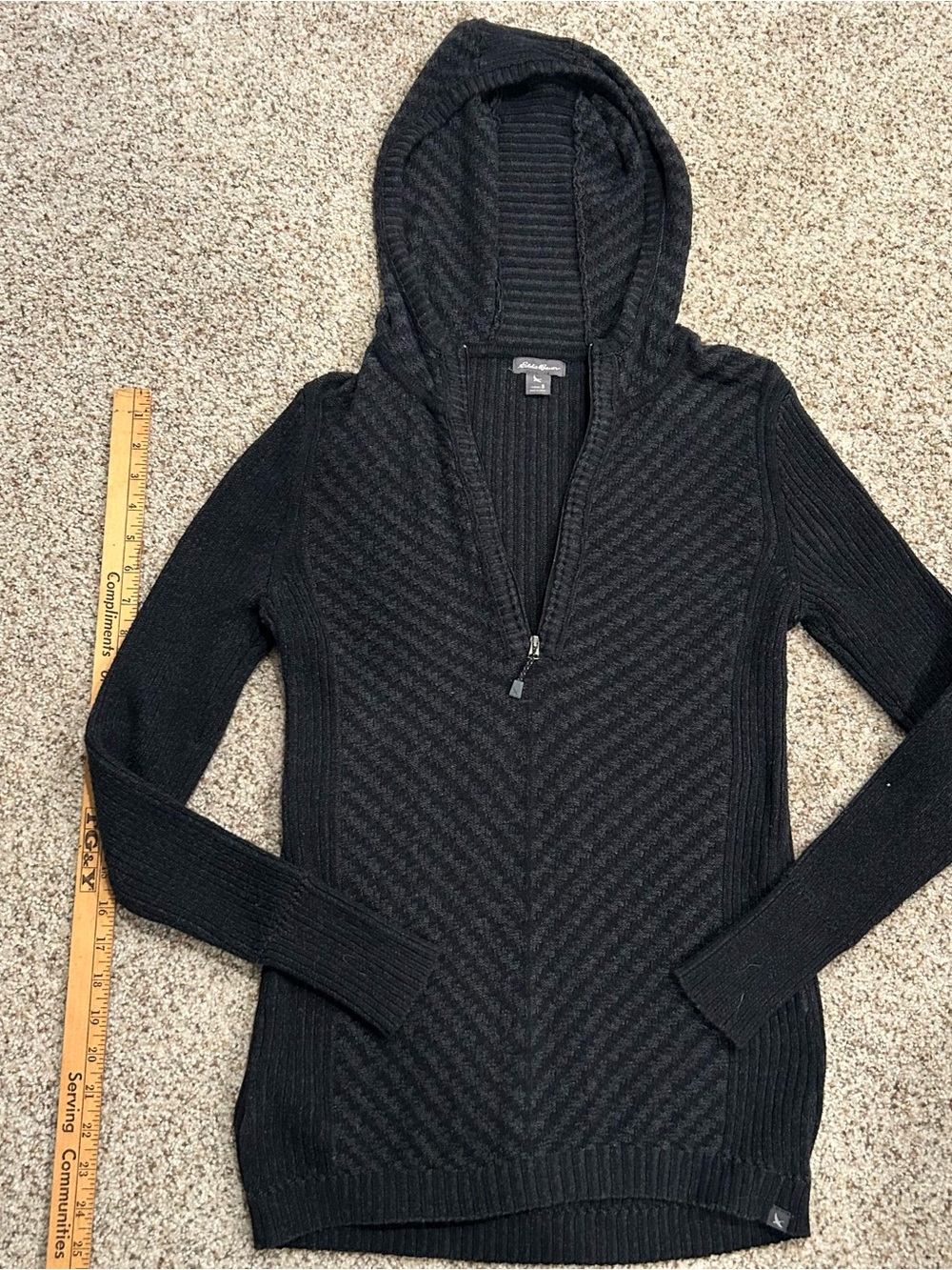 Eddie Bauer Black Hooded Quarter-Zip Cowl Sweater